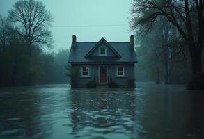 A house is submerged in water on a rainy day photo