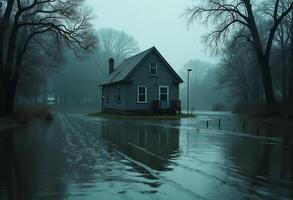 A house sits in the middle of a flooded road photo