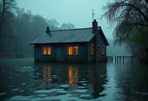A small house sits on the edge of a lake photo