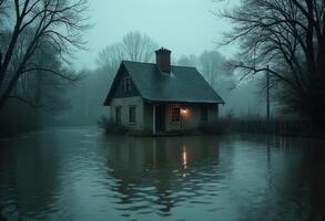 Flooded Lane with Lighted Windows photo