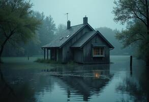 A small house sits in the middle of a flooded area photo