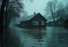 Flooded houses in the middle of a flooded street photo