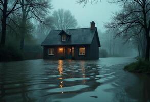 A house is surrounded by water in the middle of a flooded area photo