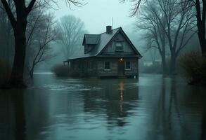 A house sits in the middle of a flooded forest photo