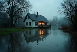 A house sits on the edge of a flooded field photo