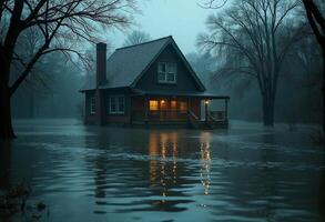 A house is submerged in water in the middle of a flooded forest photo