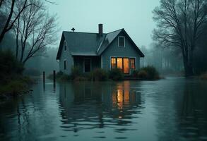 Home Lights Glowing in Flooded Area photo