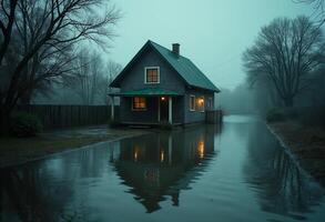 Winter Flood Scene with Suburban Home photo