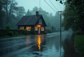 A house is seen in the rain on a wet road photo