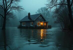A house is in the middle of a flooded forest photo