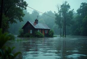 A small house sits in the middle of a flooded forest photo