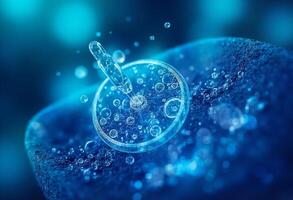 A blue liquid with bubbles floating around it photo