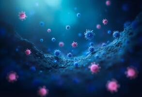 Blue and pink viruses are seen in the background photo
