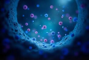 A virus is seen in a dark tunnel with blue and purple particles photo