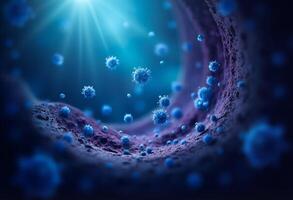 Blue viruses in a dark tunnel with light shining through photo