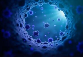 A blue virus is seen in a hole in the wall photo