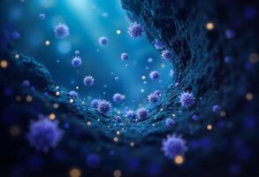 Blue viruses in a cave with light shining on them photo