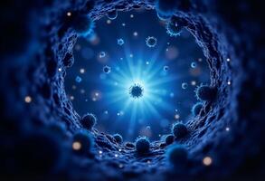 A blue light shining through a hole in the middle of a dark background photo
