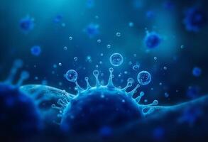 A virus is shown in the background photo