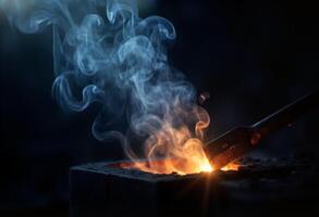 A blacksmith is holding a hot metal rod with a torch photo