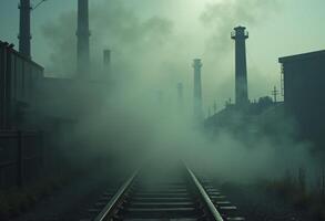A train track with smoke coming out of the pipes photo