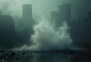 A cityscape with a large water splash in front of it photo