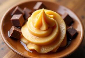 A bowl of yellow ice cream with chocolate pieces photo