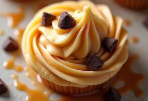 A cupcake with caramel frosting and chocolate chips photo
