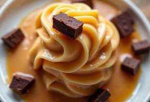 A plate topped with caramel and chocolate photo