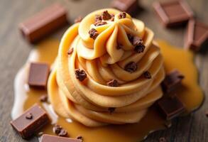 A caramel swirl topped with chocolate and caramel photo