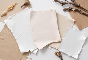 Several pieces of paper and twigs on a white surface photo