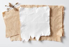A piece of brown paper with a piece of paper and dried flowers photo