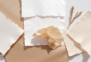 Paper, paper, and wheat on a white surface photo