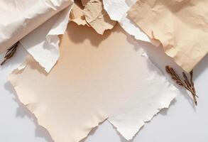 Several pieces of paper with brown crumpled edges photo