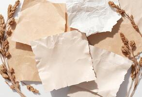 Several pieces of paper and wheat stalks on a white surface photo