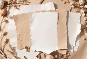 Several pieces of paper and dried flowers on a brown background photo