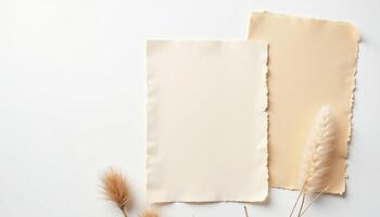 Two pieces of paper with dry grass on a white background photo