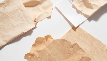 Several pieces of paper are scattered on a white surface photo