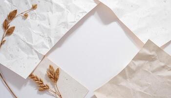Crumpled paper with wheat and dried flowers on a white background photo