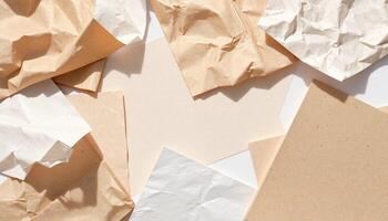 Many pieces of paper are scattered on a white surface photo