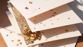 A pile of white paper with gold foil on top photo