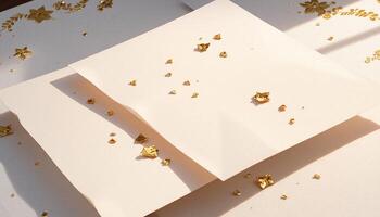 A pile of white paper with gold stars on it photo