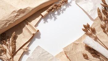 A piece of paper with dried wheat and other plants photo