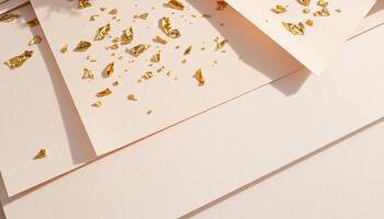 Golden confetti scattered on a white background photo