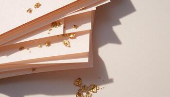 A pile of gold confetti on a white surface photo