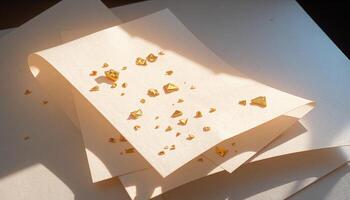 A pile of paper with gold foil on top photo