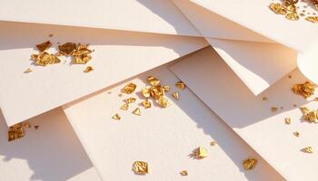 A pile of white paper with gold confetti scattered on top photo