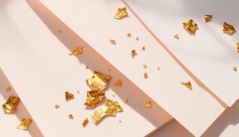 A pile of gold confetti on a pink background photo