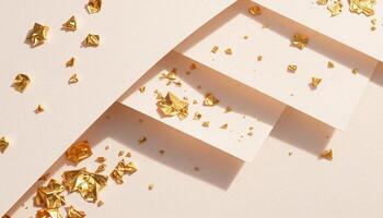 Golden confetti falling from the top of a white background photo