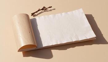 Blank paper and a twig on a beige background photo